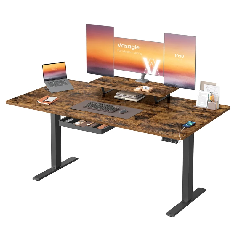 VASAGLE Electric Standing Desk, Height Adjustable Desk, 160 x 80 cm, Flexible Monitor Stand and Drawer, USB-C Port, Sedentary Reminder, for Home Office, Rustic Brown LSD156KD02