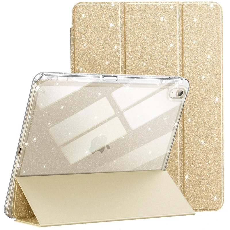 JETech Glitter Case for iPad Air 11-Inch M3/M2 (2025/2024), iPad Air 5/4 (2022/2020 5th/4th) with Pencil Holder, Cute Sparkly Slim Cover for Kids and Girls, Shiny Clear Back Shell (Gold)