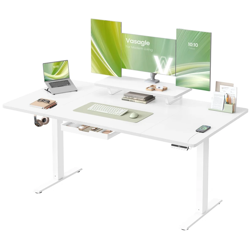 VASAGLE Electric Standing Desk, Height Adjustable Desk, 160 x 80 cm, Flexible Monitor Stand and Drawer, USB-C Port, Sedentary Reminder, for Home Office, Cloud White LSD156WB02