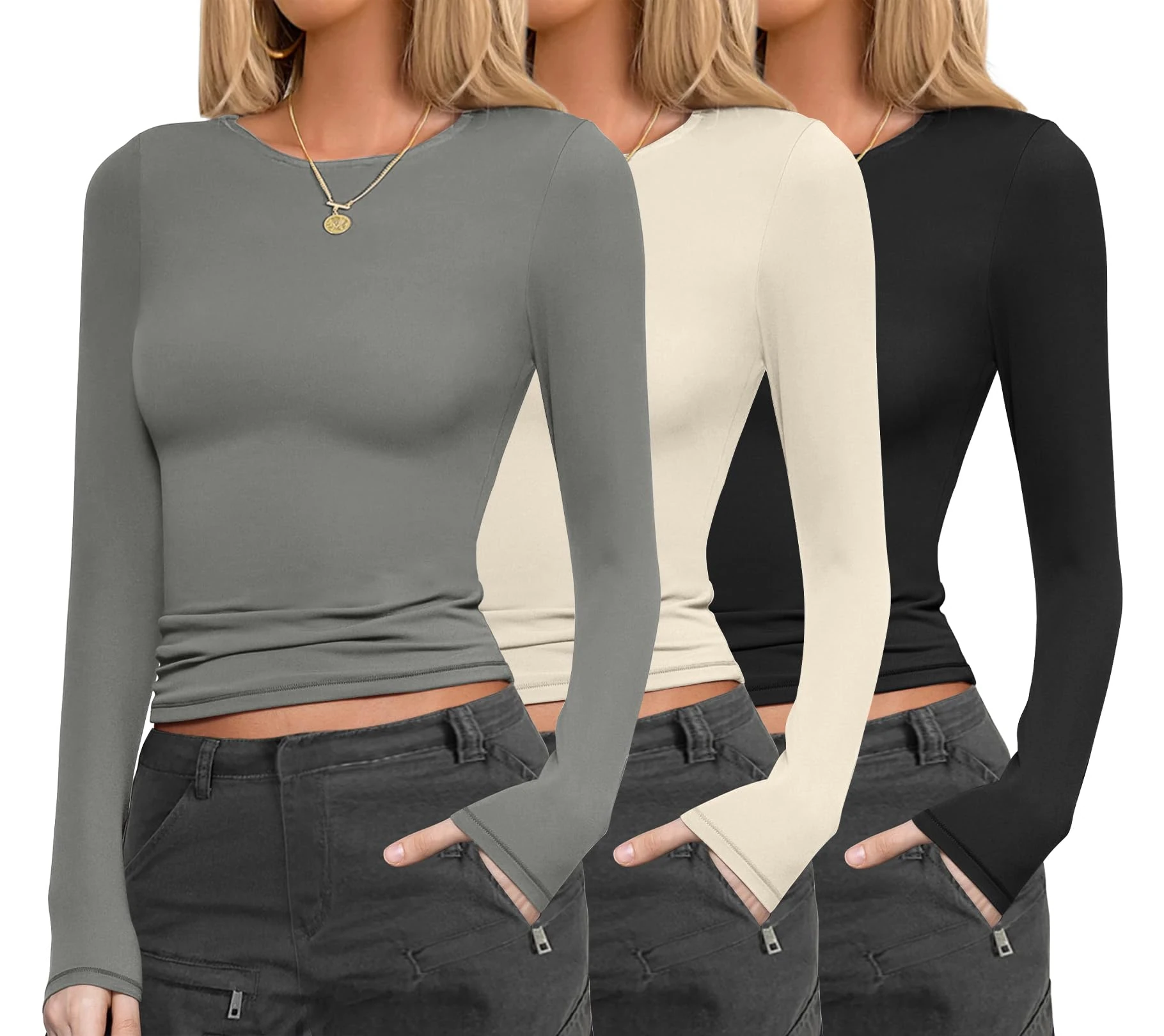 Ekouaer Womens 3 Pack Long Sleeve Shirts Fitted Tops Base Layering Tight Thermal Undershirts Thin Warm Tops, Black/Light Gray/Beige, XXL
