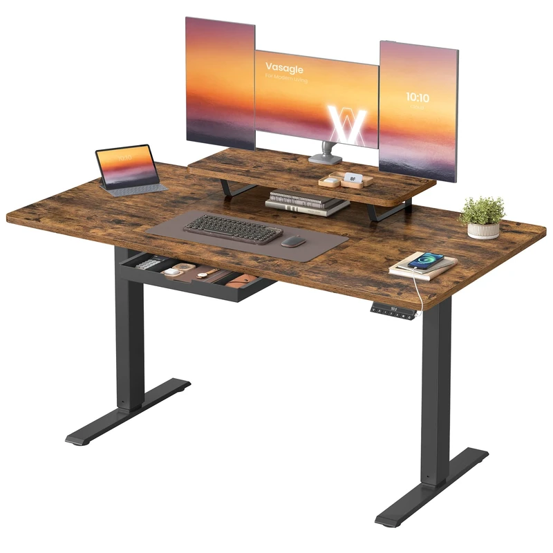 VASAGLE Electric Standing Desk, Height Adjustable Desk, 140 x 70 cm, Flexible Monitor Stand and Drawer, USB-C Port, Sedentary Reminder, for Home Office, Rustic Brown LSD154KD02