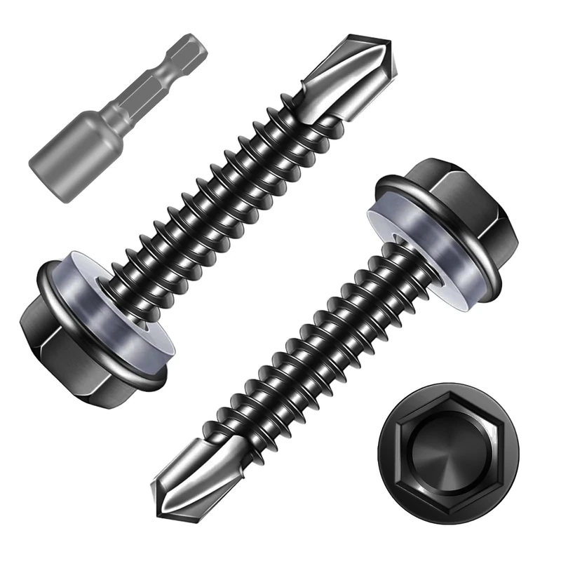 FandWay 100 Pcs Hex Head Self Drilling Screws for Metal,M4.8x19mm Self Tapping Sheet Metal Tek Screws,410 Stainless Steel Black Coating Hex Drive With 1 Bits for Steel/Wood/Plastic.