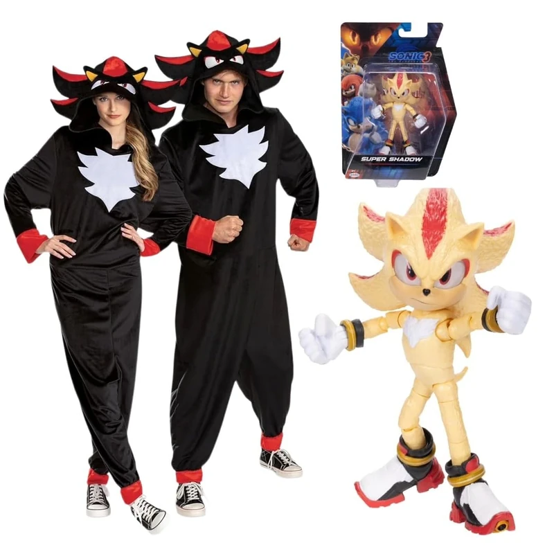 DISGUISE Sonic The Hedgehog Shadow Adult Dress Up with 12.7 cm Action Figure Bundle, Perfect for Halloween or Birthdays, Officially Licensed Product and Jakks Pacific, Size S/M