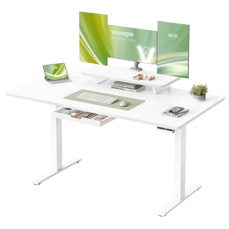VASAGLE Electric Standing Desk, Height Adjustable Desk, 140 x 70 cm, Flexible Monitor Stand and Drawer, USB-C Port, Sedentary Reminder, for Home Office, Cloud White LSD154WB02