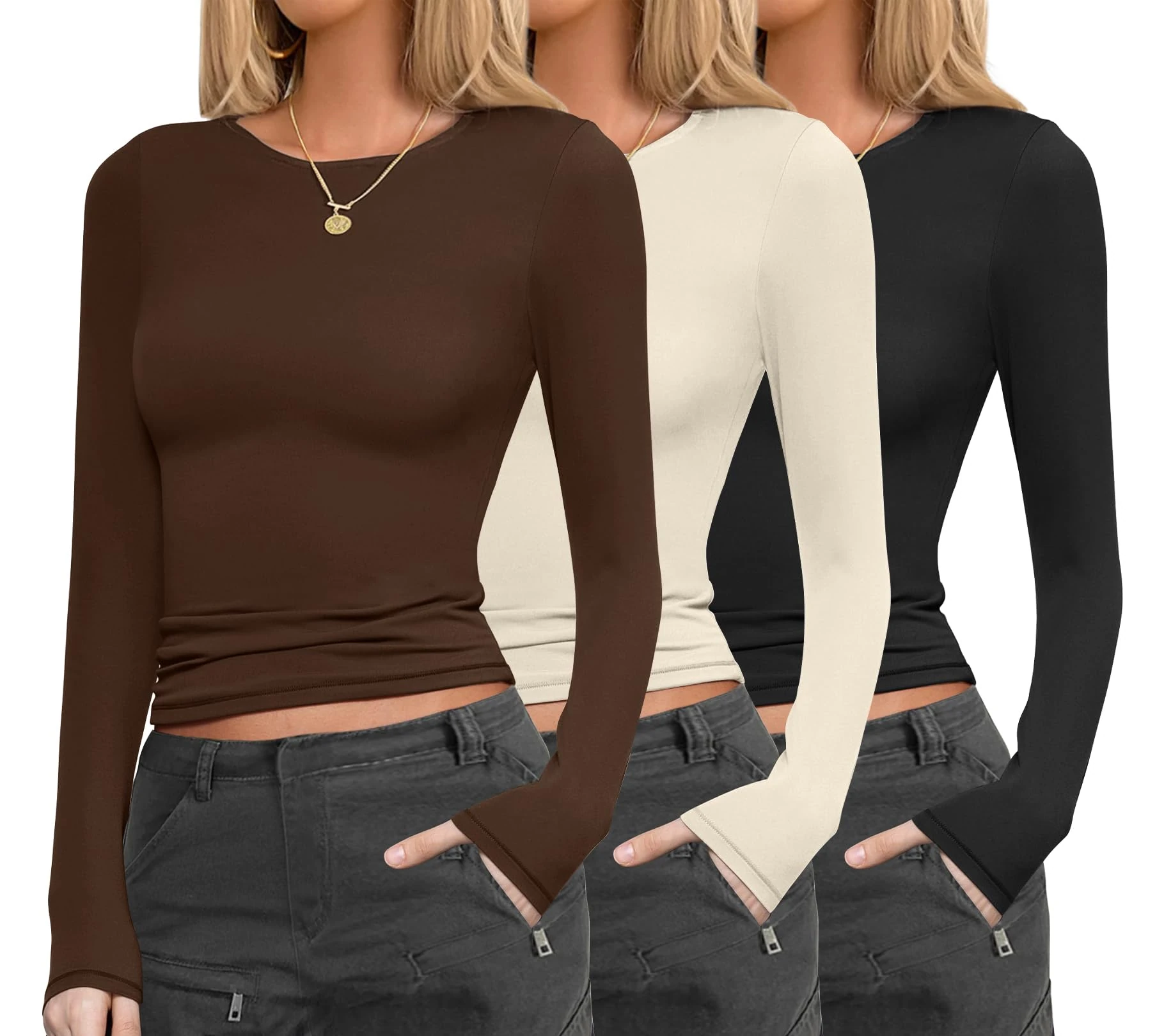 Ekouaer Long Sleeve Tops Women Basic Thermal Top Winter Longsleeve Tshirt Warm Fitted Layering Top 3 Pack, Black/Beige/Brown, XXL