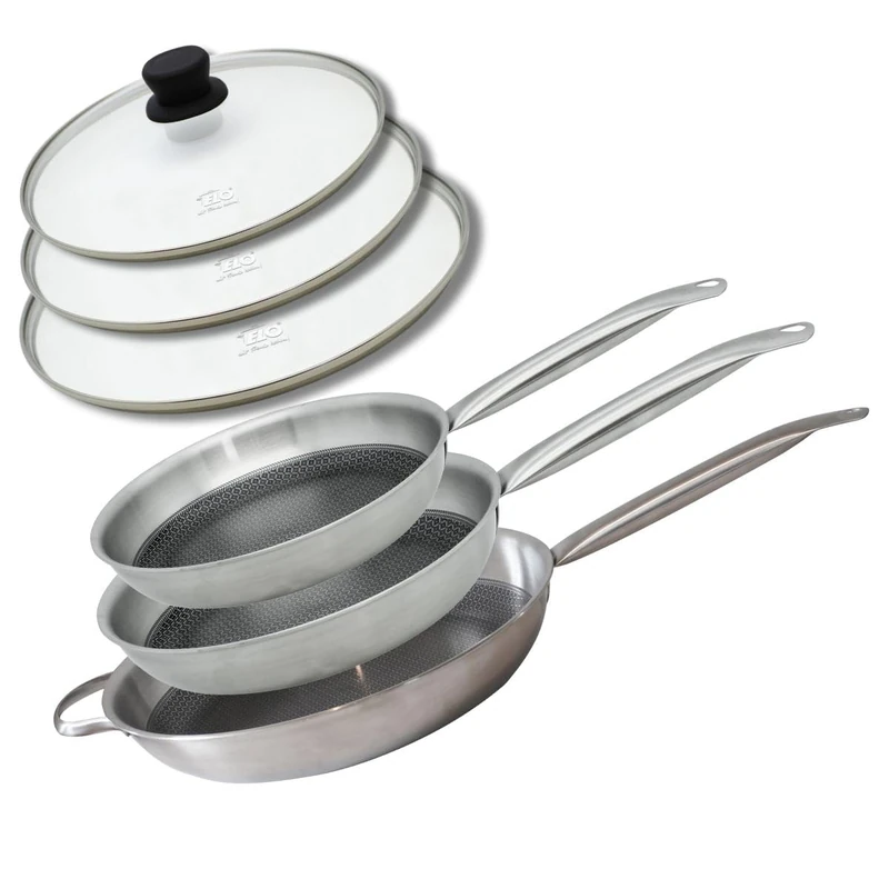 Elo 9350550 Set of 3 Frying Pans 24, 28 and 32 cm Stainless Steel 18-10 with Lids, PFAS-Free, Non-Stick, Induction, Non-Stick Coating PFAS-Free, Stainless Steel, Aluminium, Aluminium Grey, 24, 28 and - Image 1