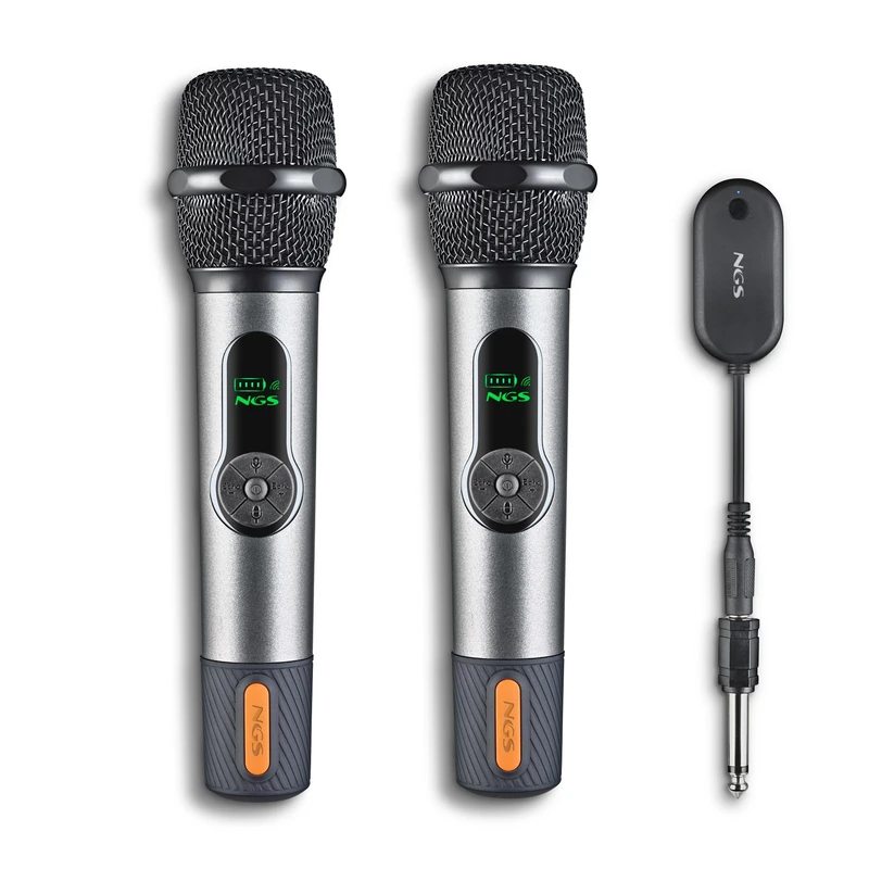 NGS Singer Star Duo – Pack of 2 Dynamic Wireless Microphones 2.4GHz, 30h Autonomy, Volume and Echo Control, Battery Indicator, 3.5 mm and 6.3 mm Jack Connection – Ideal for Karaoke and Events