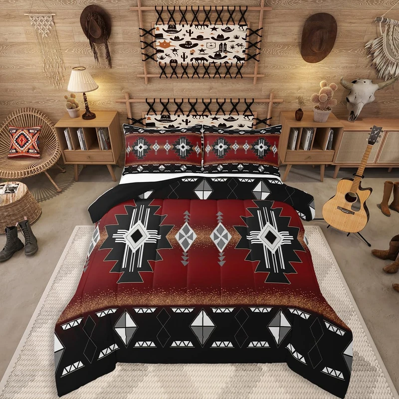 Erosebridal Rustic Western Queen Bedding Set, Southwestern Aztec Comforter Set for Boys Teens Men Bedroom, Exotic American Native Quilt Vintage Bohemian Geometric Bedding Comforter Sets, Red Black