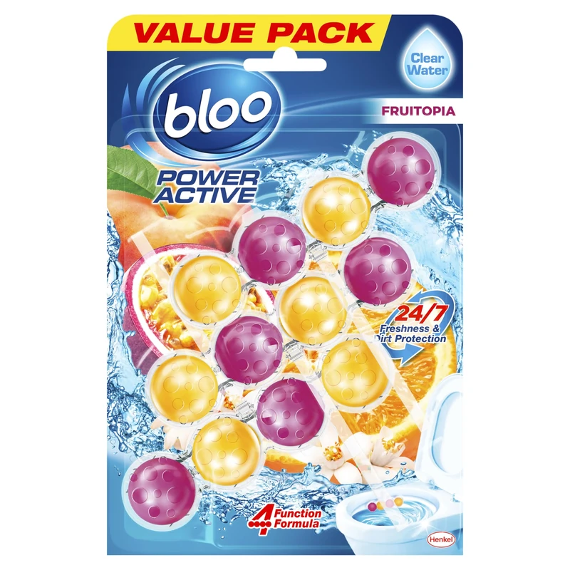Bloo Power Active Toilet Rim Block Fruitopia (50g), Clear Water Toilet Rim Block with Fresh Orange & Peach Scent, with Anti-Limescale Formula, Pack of 3 Rimblocks