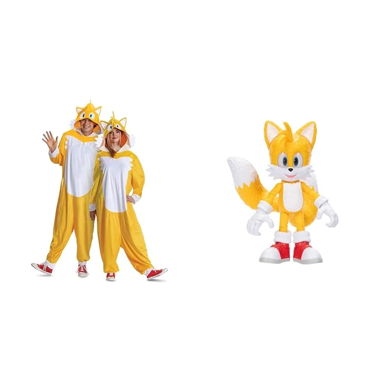 Disguise Sonic The Hedgehog Tails Jumpsuit for Adults & Tails Collectable Figurine Bundle by Jakks Pacific, Perfect for Collectors, Includes Adult Fancy Dress & Articulated Action Figure, Size S/M