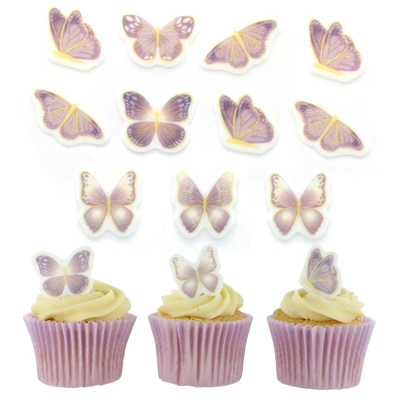 Culpitt Lilac & Gold Butterflies | 32 Edible Cupcake Toppers | Sugar Decorations, Printed Fondant Sugar Paste Cake-Decorations - 32 Pack