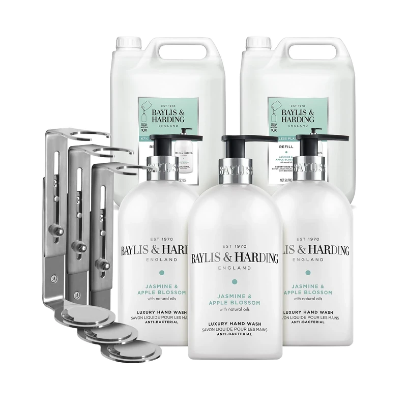 Baylis & Harding Jasmine & Apple Blossom Hand Wash & Bracket Business Bundle: 3 x Wall Bracket, 3 x 500 ml Bottles & 2 x 5 Litre Refills - Vegan Friendly