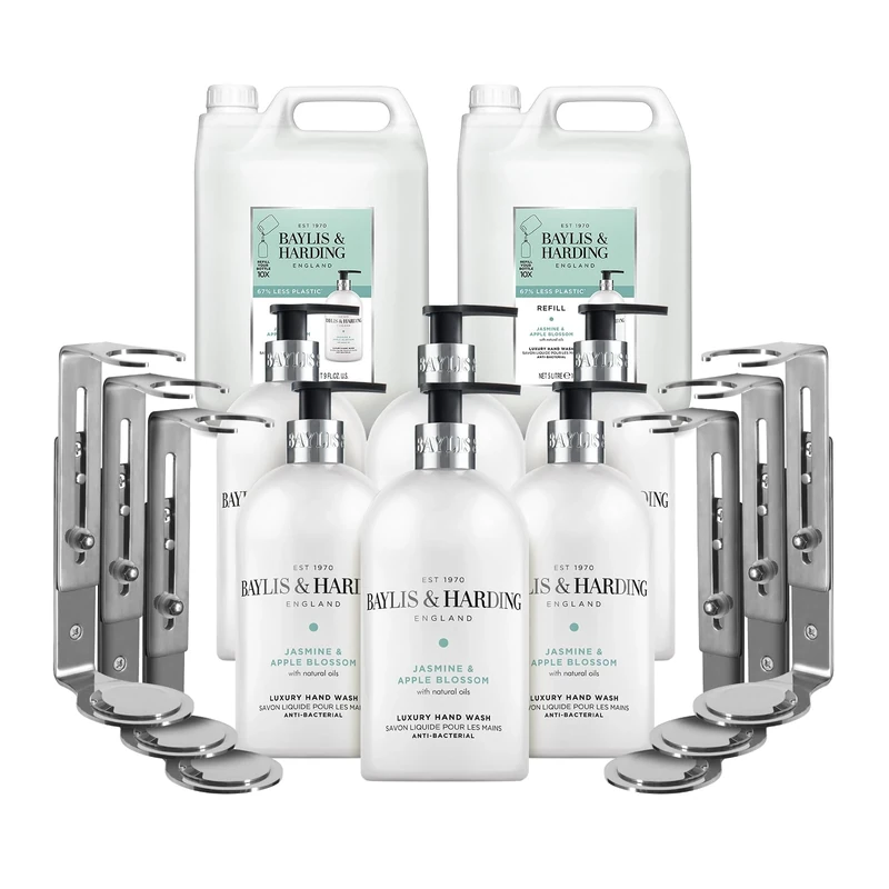 Baylis & Harding Jasmine & Apple Blossom Hand Wash & Bracket Business Bundle: 6 x Wall Bracket, 6 x 500 ml Bottles & 2 x 5 Litre Refills - Vegan Friendly