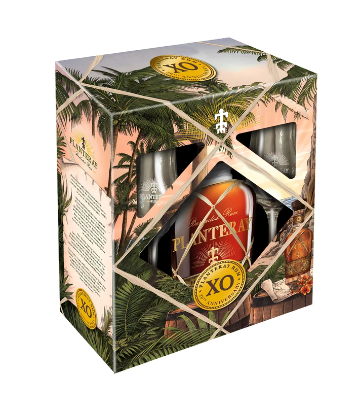 PLANTERAY RUM XO 20th Anniversary Set 70 cl Bottle + 2 Glasses - Old Amber Rum - Origin: Barbados - Notes of Vanilla, Cocoa & Spice - 40% Alcohol