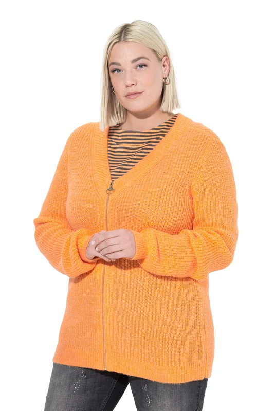 Ulla Popken Womenswear Plus Size Curvy Patent Knit Zip-Up Wool Blend Cardigan neon Orange 54+ 841369643-54+