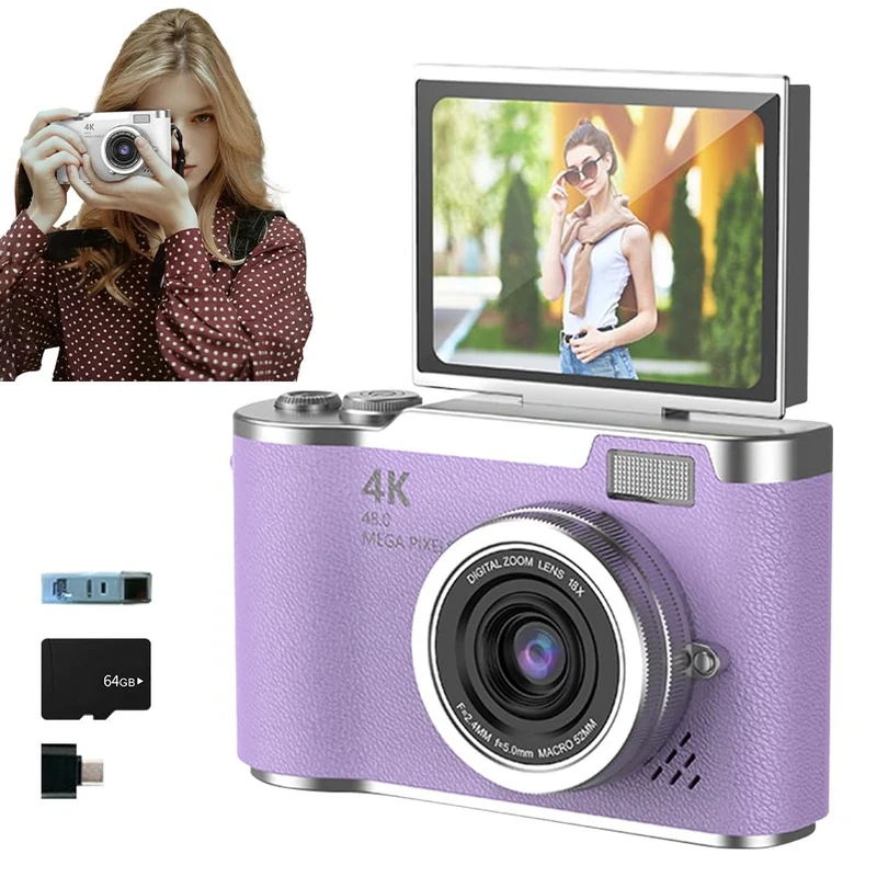 4K Foldable Screen Student Camera, 2025 New Point and Shoot Digital Cameras, FHD 4K Digital Camera for Photography with Flip Screen, 8X Zoom 48MP Digital Camera for Teens Adult (Purple, 64GB TF Card)