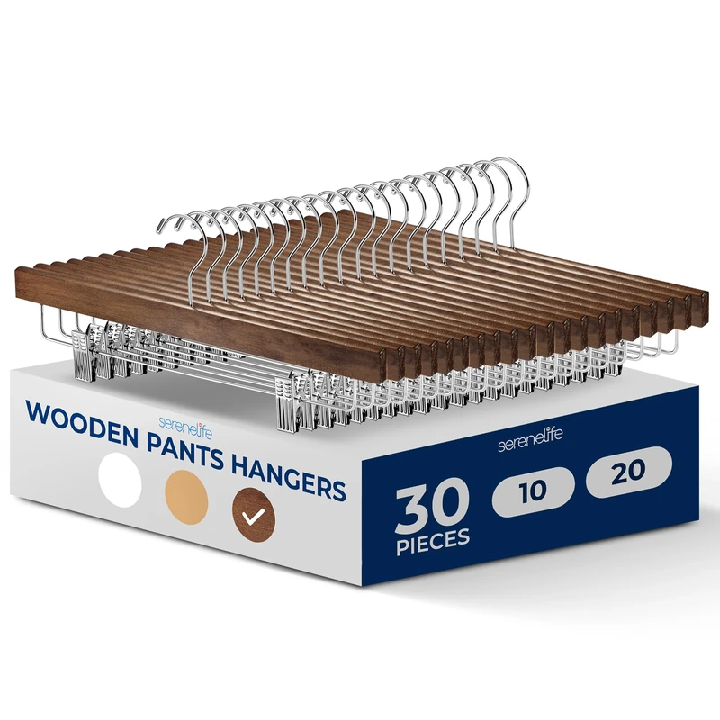 SereneLife Wooden Trouser Hangers, 35cm Pants Hanger, 30pcs Smooth Wood Skirt Hanger Organizer with Adjustable Anti- Slip Clips, Swivel Hook Space Saving Premium Clothes Hangers