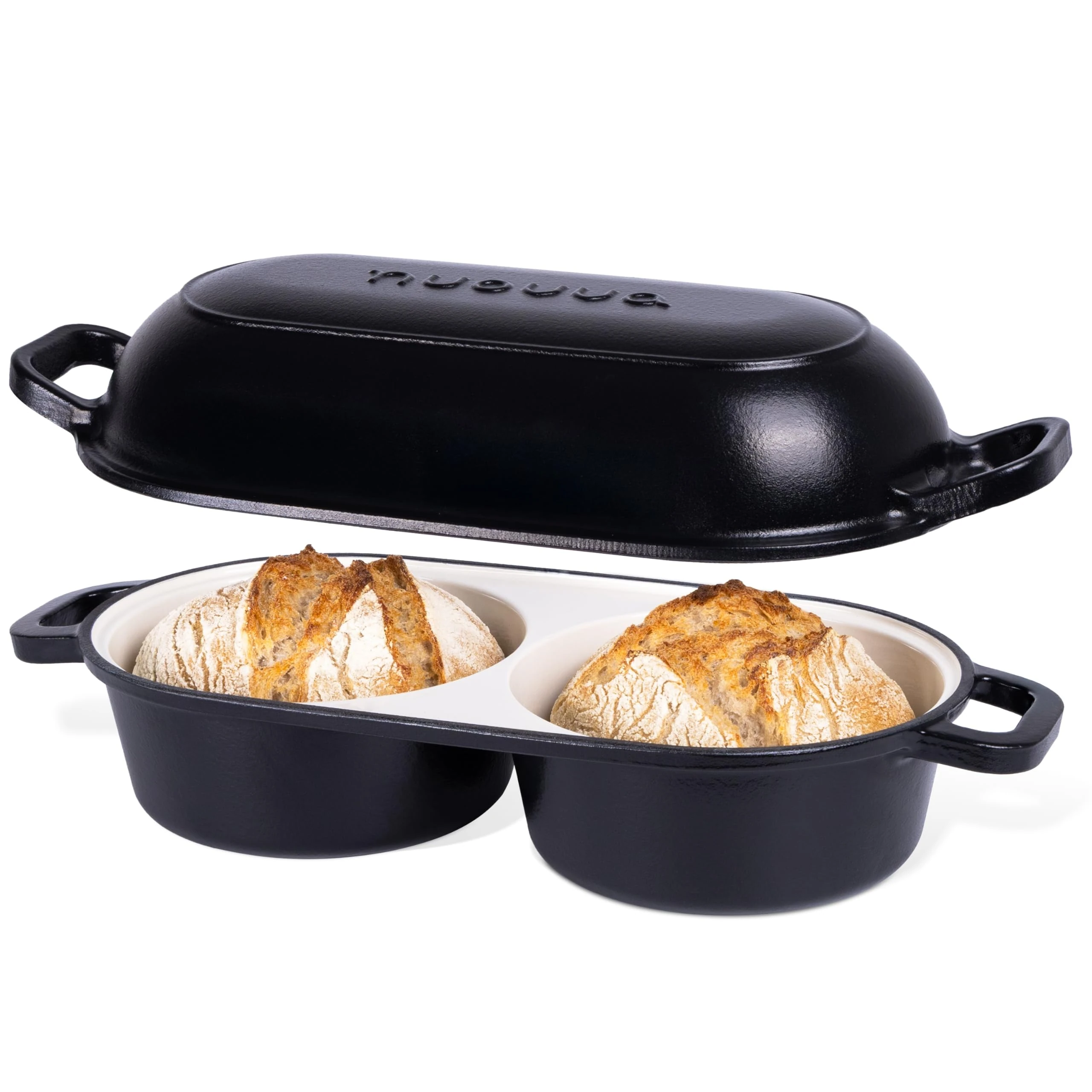 Dutch Oven for Sourdough Bread Baking – Enamelled Cast Iron Bread Loaf Pot – 500°F Oven Safe Non Stick Bread Pot – Double Round Loaf Space, 16.5cm Diameter, Black, – by Nuovva