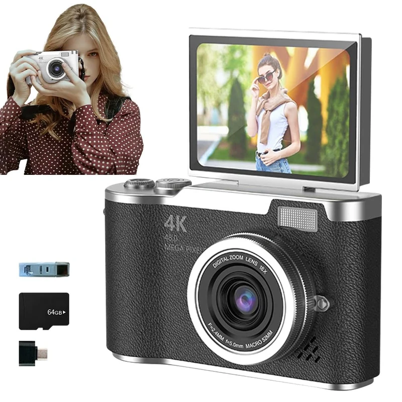 4K Foldable Screen Student Camera, 2025 New Point and Shoot Digital Cameras, FHD 4K Digital Camera for Photography with Flip Screen, 8X Zoom 48MP Digital Camera for Teens Adult (Black, 64GB TF Card)