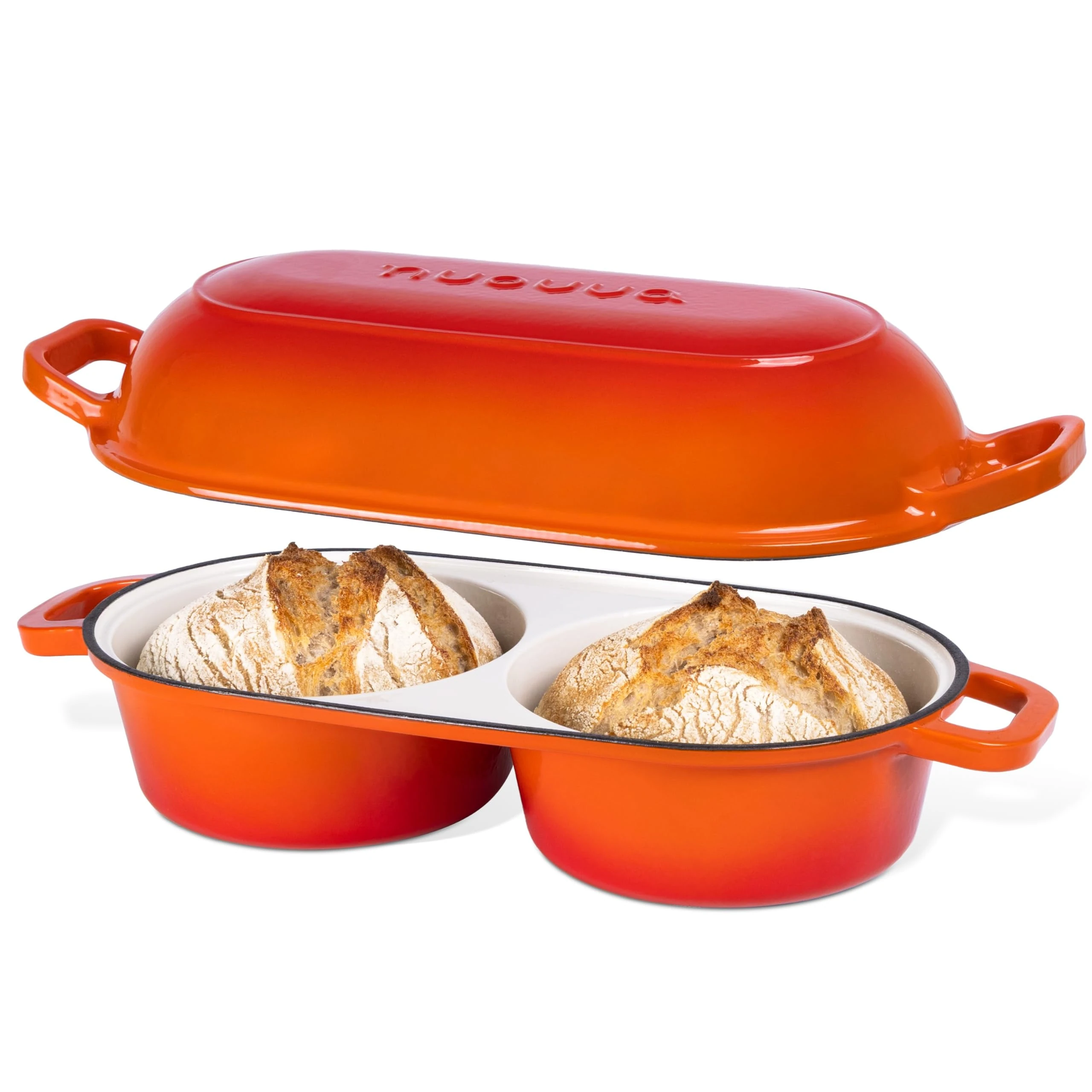 Dutch Oven For Sourdough Bread Baking – Enamelled Cast Iron Bread Loaf Pot – 500°F Oven Safe Non Stick Bread Pot – Double Round Loaf Space, 16.5cm Diameter, Orange, – by Nuovva