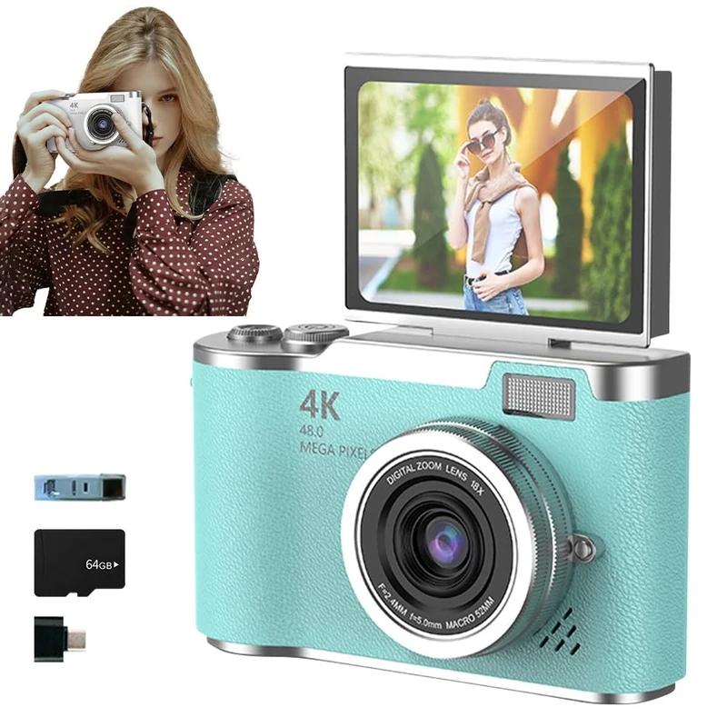 4K Foldable Screen Student Camera, 2025 New Point and Shoot Digital Cameras, FHD 4K Digital Camera for Photography with Flip Screen, 8X Zoom 48MP Digital Camera for Teens Adult (Green, 64GB TF Card)