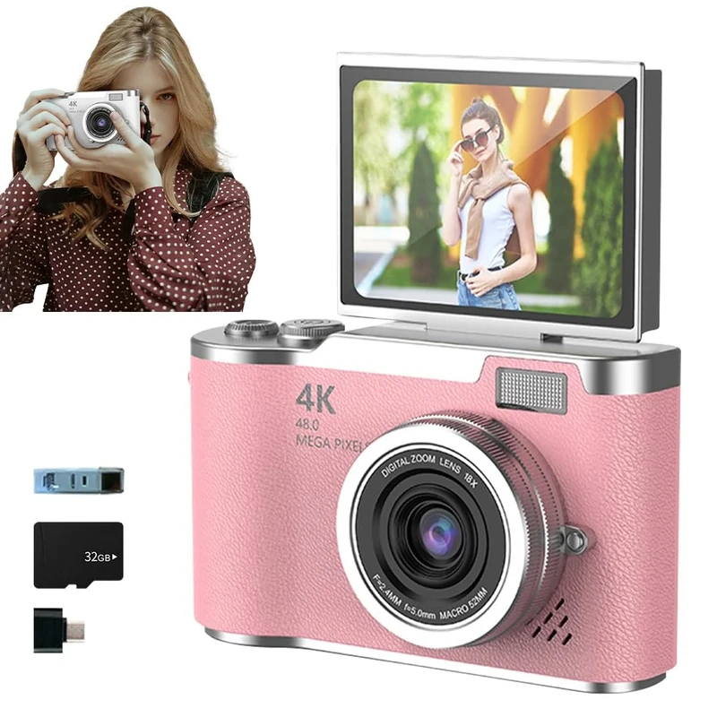 4K Foldable Screen Student Camera, 2025 New Point and Shoot Digital Cameras, FHD 4K Digital Camera for Photography with Flip Screen, 8X Zoom 48MP Digital Camera for Teens Adult (Pink, 32GB TF Card)