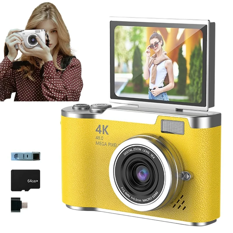 4K Foldable Screen Student Camera, 2025 New Point and Shoot Digital Cameras, FHD 4K Digital Camera for Photography with Flip Screen, 8X Zoom 48MP Digital Camera for Teens Adult (Yellow, 64GB TF Card)