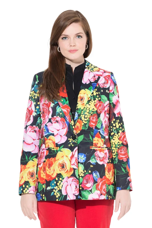 Ulla Popken Womenswear Plus Size Curvy Floral Print Blazer Black 26 826340100-52