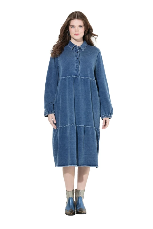 Ulla Popken Womenswear Plus Size Curvy Denim Look Flounce Panel Sweatshirt Dress Indigo Denim 54+ 840972730-54+ - Image 1