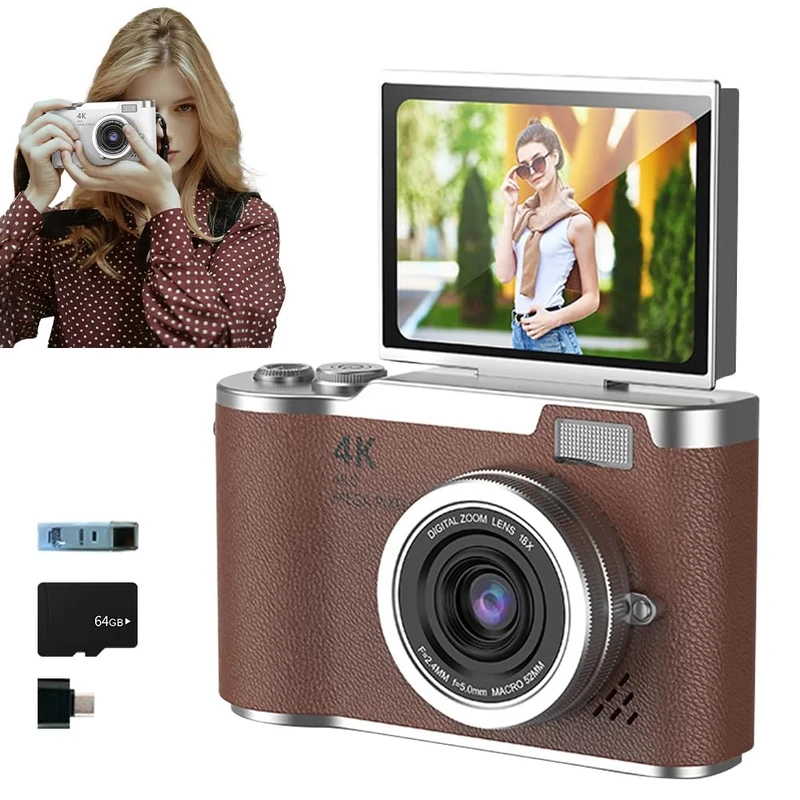 4K Foldable Screen Student Camera, 2025 New Point and Shoot Digital Cameras, FHD 4K Digital Camera for Photography with Flip Screen, 8X Zoom 48MP Digital Camera for Teens Adult (Brown, 64GB TF Card)