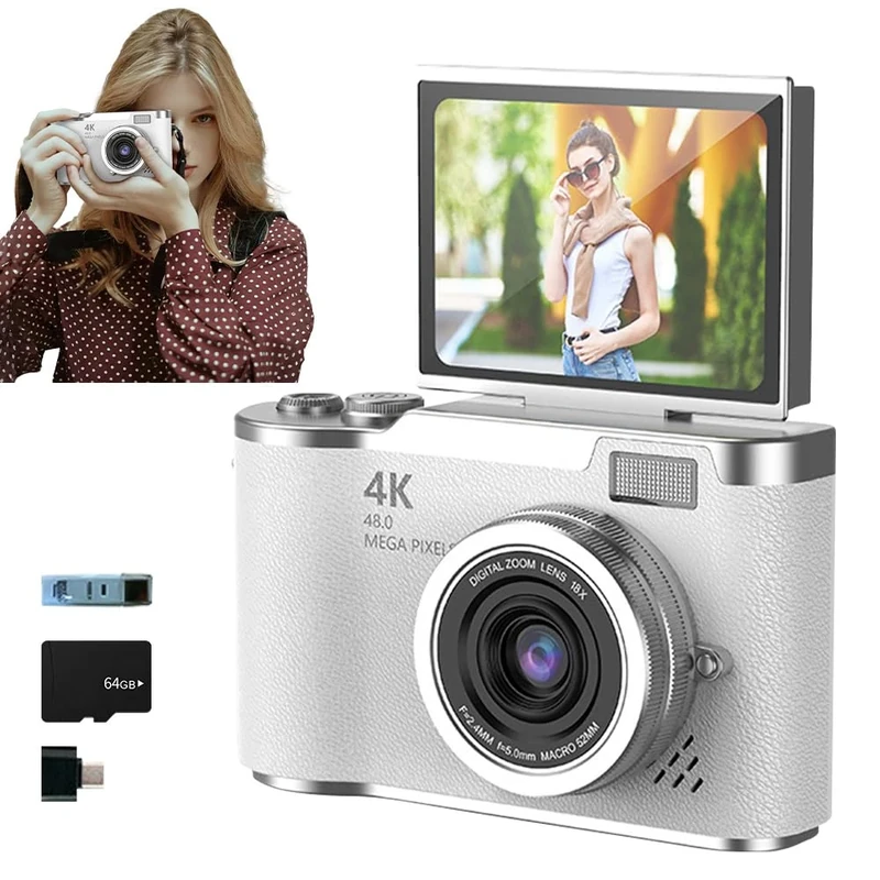 4K Foldable Screen Student Camera, 2025 New Point and Shoot Digital Cameras, FHD 4K Digital Camera for Photography with Flip Screen, 8X Zoom 48MP Digital Camera for Teens Adult (White, 64GB TF Card)