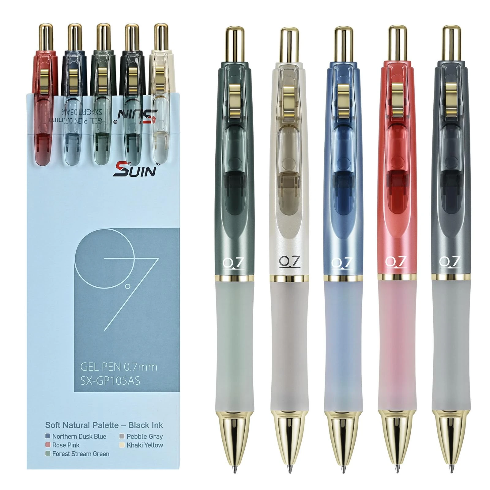 SUIN Gel Pens, Premium 0.7mm Black Ink, Retractable Rolling-Ball Gel-Pens, Refillable Medium Fine Point for Smooth Writing - Pack of 5