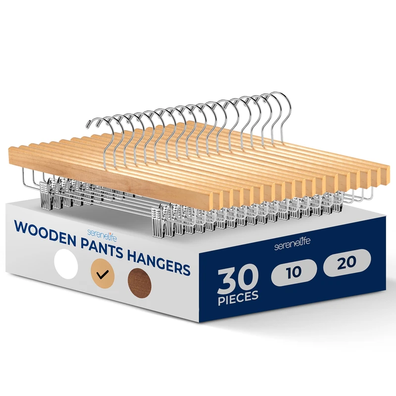 SereneLife Natural Wooden Trouser Hangers, 35cm Pants Hanger, 30pcs Smooth Wood Skirt Hanger Organizer with Adjustable Anti- Slip Clips, Swivel Hook Space Saving Premium Clothes Hangers