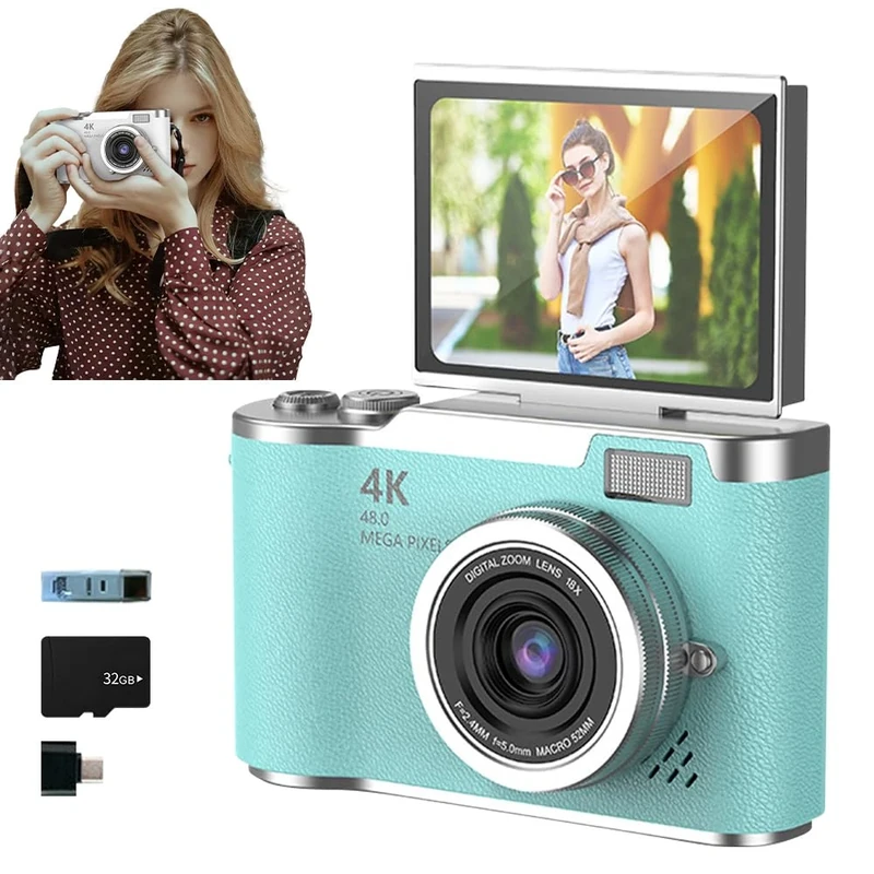 4K Foldable Screen Student Camera, 2025 New Point and Shoot Digital Cameras, FHD 4K Digital Camera for Photography with Flip Screen, 8X Zoom 48MP Digital Camera for Teens Adult (Green, 32GB TF Card)