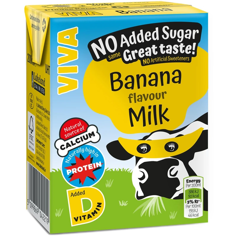 Viva Banana Flavoured Milk Drink - 27 x 200ml Cartons - No Added Sugar - Rich in Calcium & Vitamin D - Long Life UHT - School Approved
