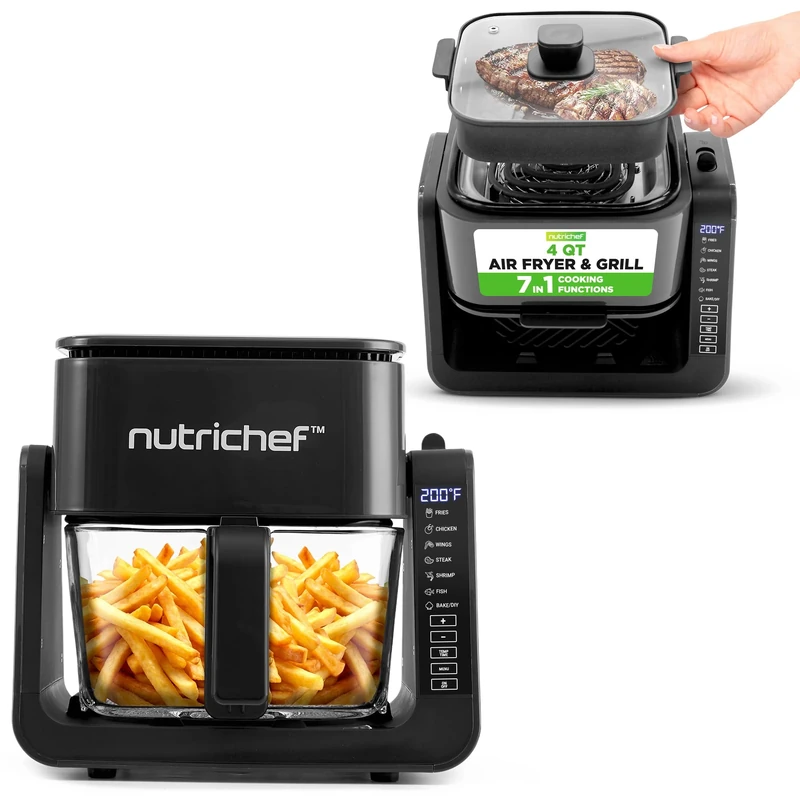 NutriChef Air Fryer and Grill, 4 Litre Airfryer, 7 in 1, Preset Cook Modes, Transparent Fry Bowl, Cook Shrimp, Steak, Fries, 4L Glass Air Fryer and 1.2L Grill, Black
