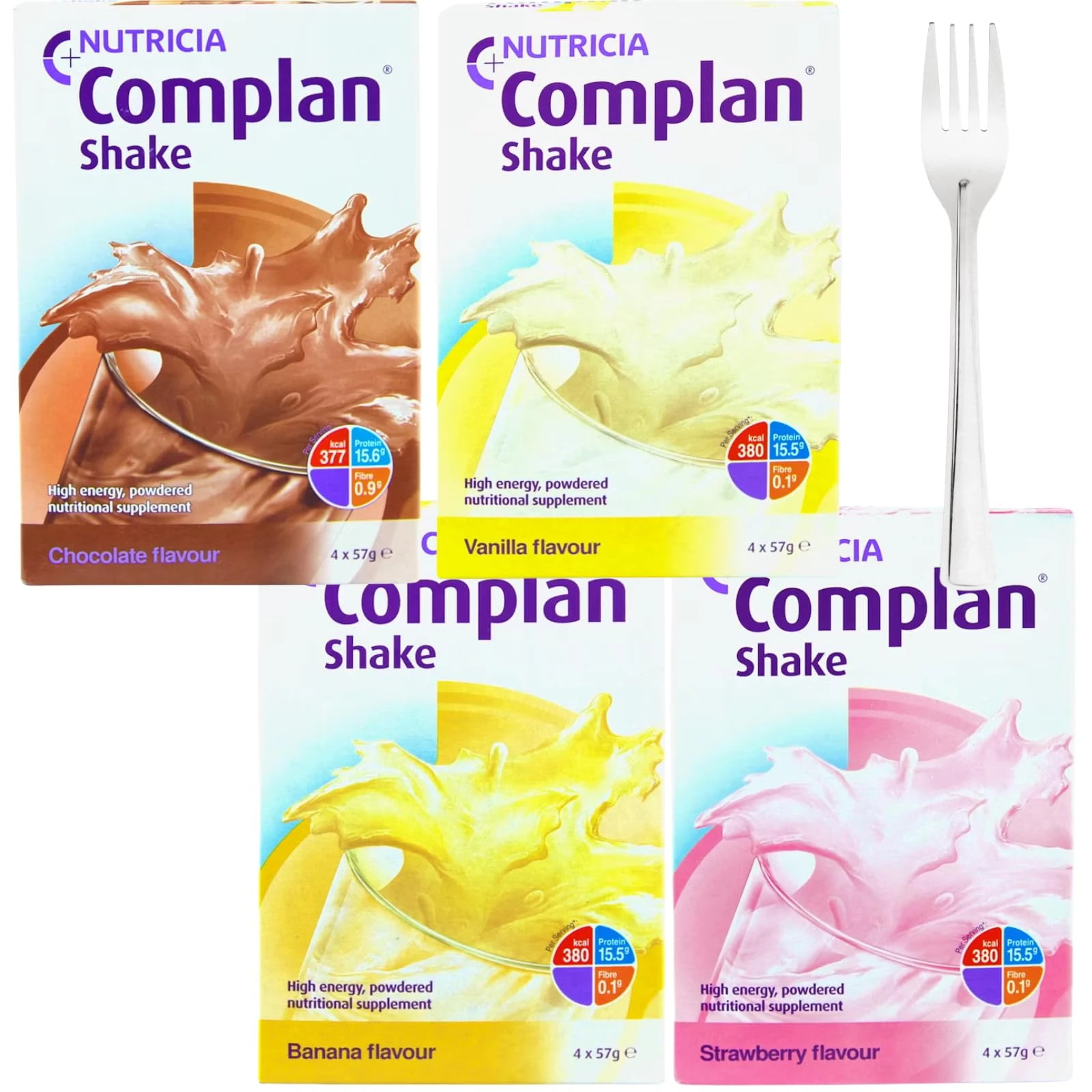 Nutritional Drinks Bundle - Variety Pack of Strawberry, Chocolate, Banana, and Vanilla Flavoured Mix at Home Powders with Mixing Fork - 16 x 57g Sachets