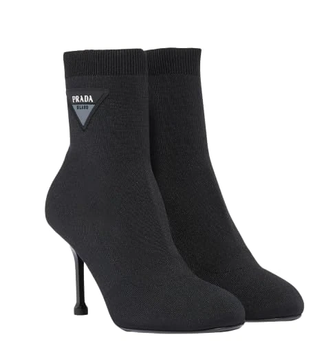 Prada Pre-Loved Black Knit Sock Logo Boots