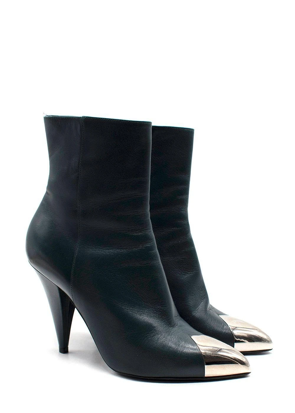 Celine Pre-Loved Dark Emerald Metal Toe Cap Leather Ankle Boots