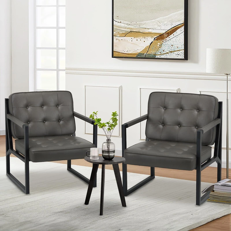 COLAMY Mid Century Modern Accent Chair Set of 2, Comfy Living Room Armchair with Metal Legs, Faux Leather Reception Arm Chair for Living Room Bedroom Reception Office, Grey