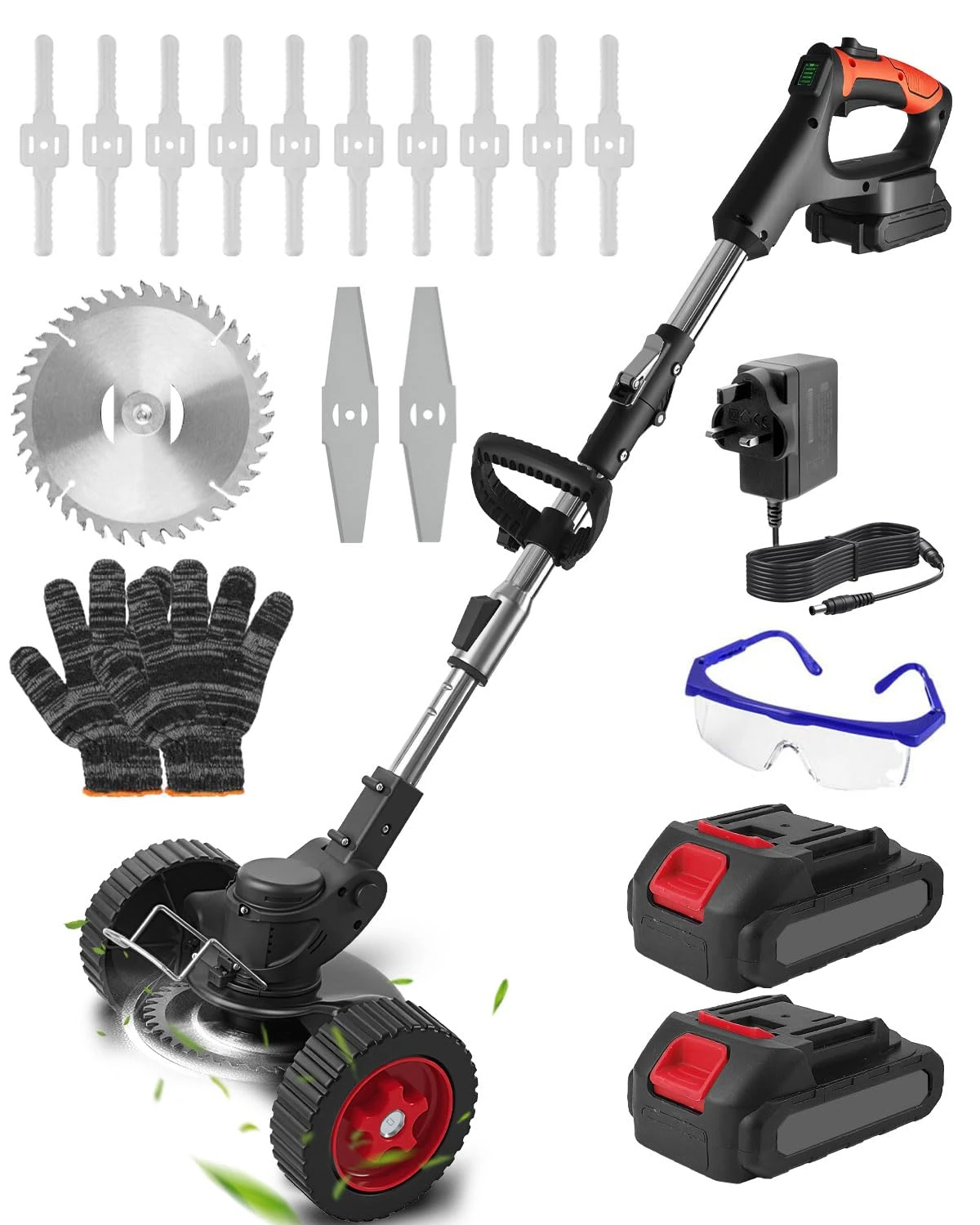 Yangor Strimmer Cordless, Adjustable Grass Trimmer with Blades, Lightweight Grass Cutter Machine with Removable Wheels for Garden Lawn