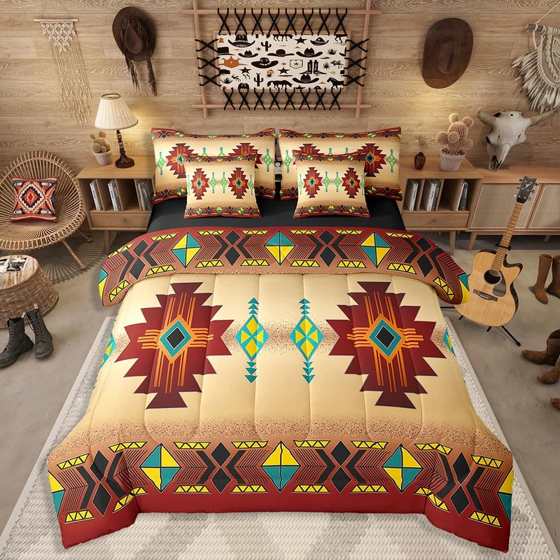 Erosebridal Western Aztec Bedding Set 7 Piece for Boys, Native Tribal Ethnic Sheet Sets Queen Size Farmhouse Boho Geometric Comforter Set Southwestern Ethnic American Native Bed in A Bag for Men, Red