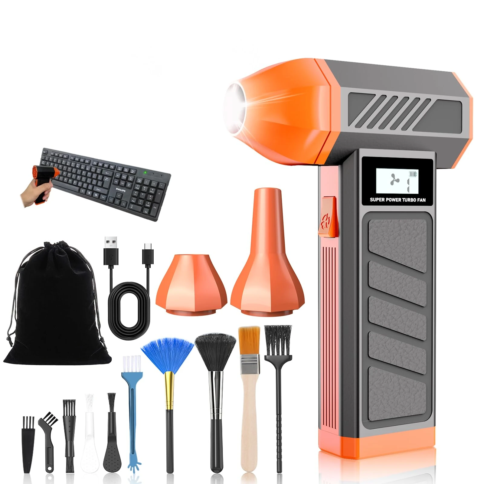 Compressed Air Duster with Lighting, 150000RPM 4-Gear Adjustable, Rechargeable Portable Dust Blower, Electric Air Cleaner for PC & Keyboard Cleaning Kit, Air Blower for Computer, Laptop, Car, Home