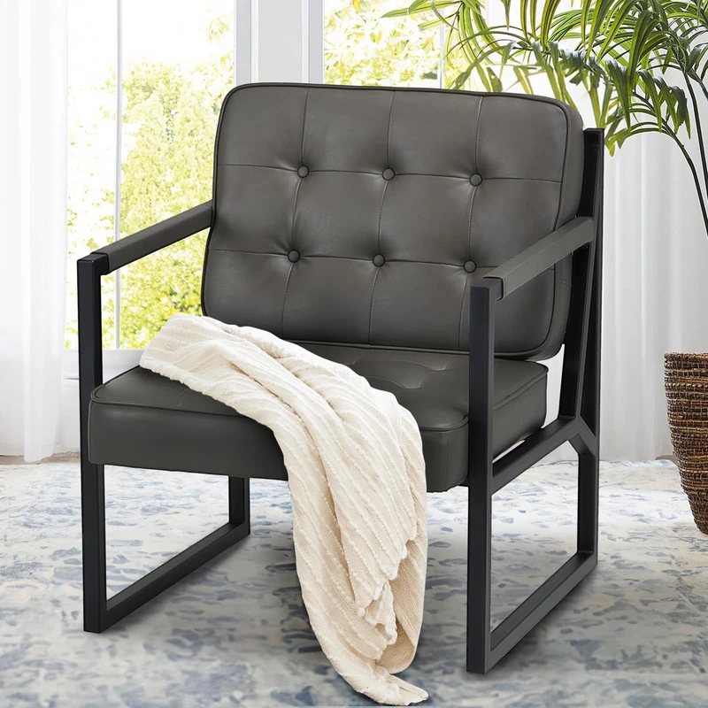 COLAMY Mid Century Modern Accent Chair Set of 1, Comfy Living Room Armchair with Metal Legs, Faux Leather Reception Arm Chair for Living Room Bedroom Reception Office, Grey
