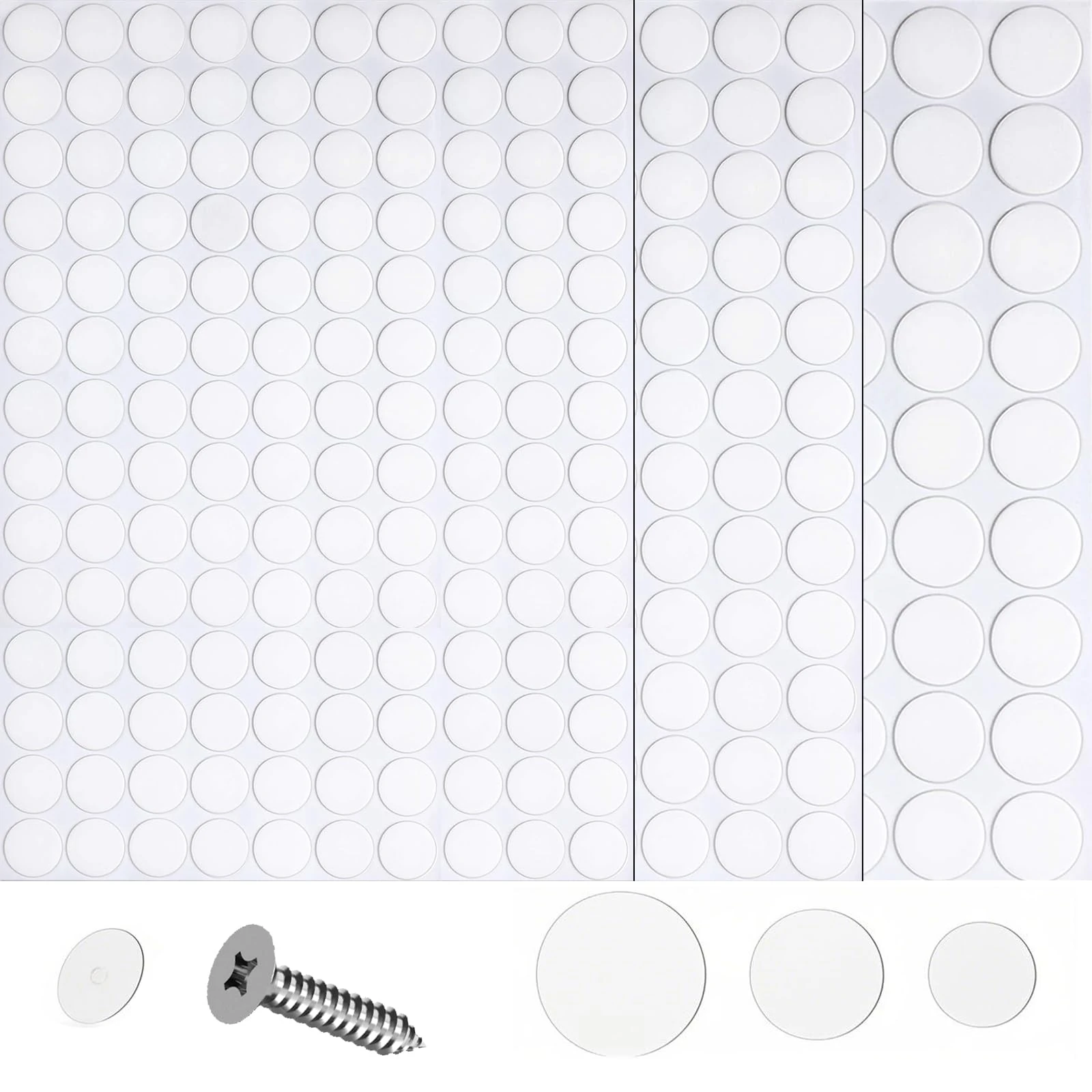 290 Pcs Screw Covers White Self-Adhesive - 12mm, 15mm, 21mm - Dustproof & Waterproof Screw Hole Covers for Furniture Screws & Cabinets,Desk,Wall,Furniture Stickers.