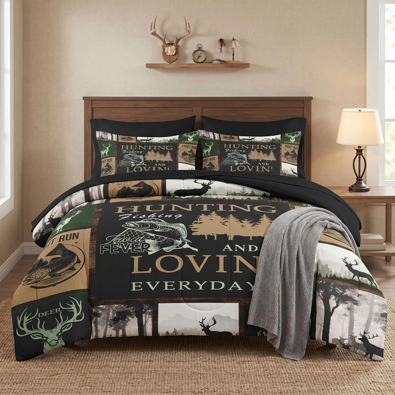WeCozy 7 Pcs Queen Size Comforter Set with 2 Pillowcases & 2 Shams, Deer Animal Gray Bedding Set for Kids and Adults, Retro Mountains Tree Bed in a Bag with Flat Sheet and Fitted Sheet