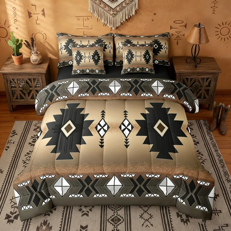 Erosebridal Boys Western Aztec Comforter Set 7 Pcs, Native Tribal Ethnic Bedding Set Queen Farmhouse Boho Geometric Sheet Sets Southwestern Ethnic American Native Bed in A Bag for Adult, Brown Black