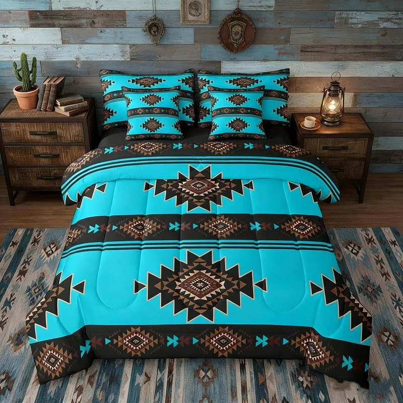 Twin Western Aztec Bedding Set 7 Piece, Native American Navajo Sheet Sets for Boys Adult Teens, Southwestern Geometric Comforter Set Ethnic American Native Bed in A Bag Rustic Farmhouse Decor, Blue