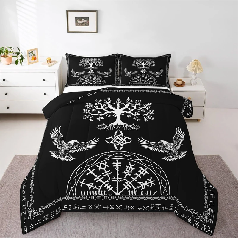 Feelyou Kids Black Viking Sacred Tree Bedding Set Queen Size, Boho Comforter Set Boys Girls Tree of Life Duvet Insert Teens Bedroom Decor Bed Set 3Pcs