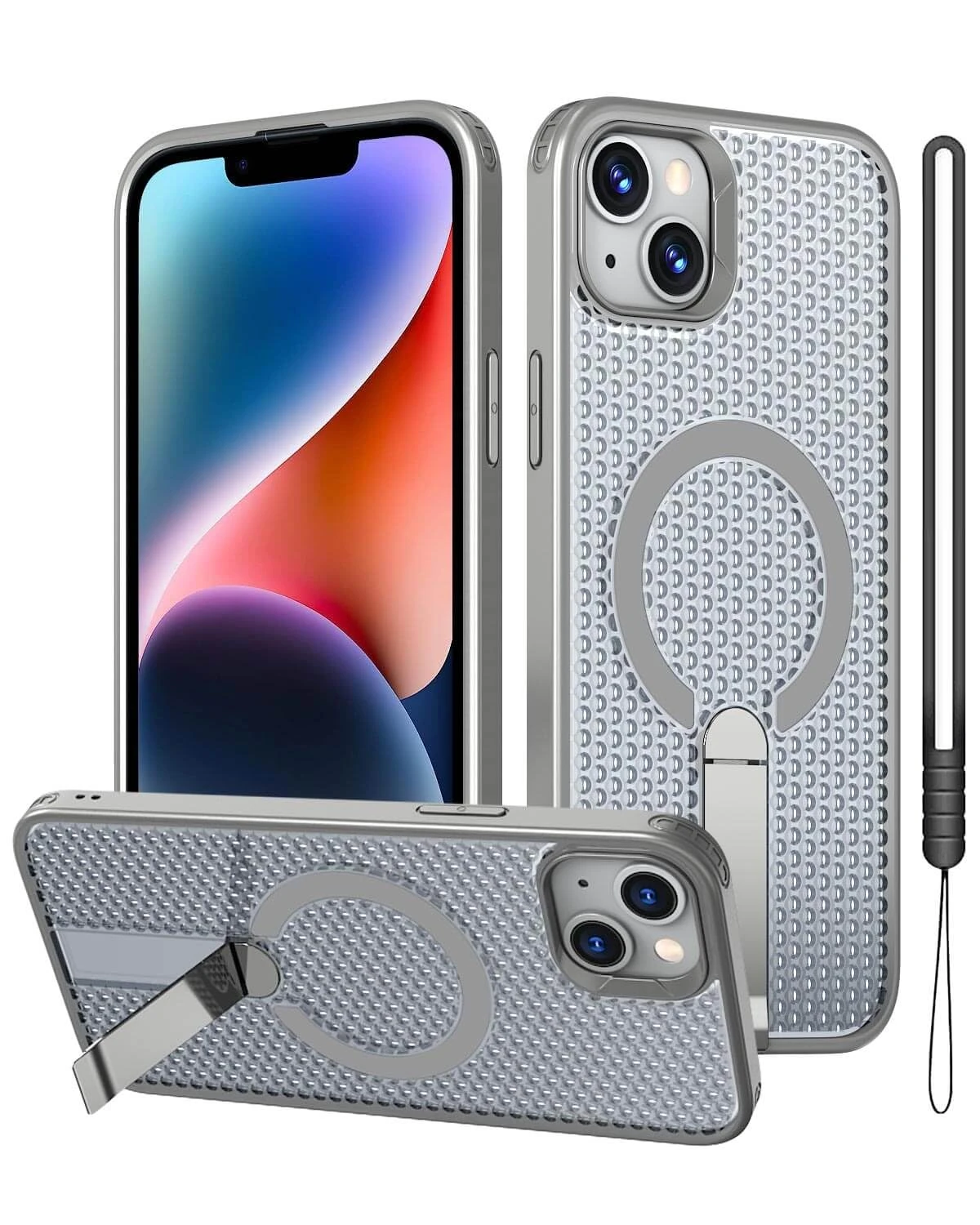 GOTOURED for iPhone 13/14 Case, Built-in Kickstand & Compatible for MagSafe Magnetic, Shockproof Military Grade Protection Cover, Silicone Strap, Stand for iPhone 13/14 Phone Case (Gray)